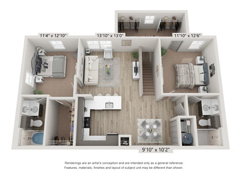 Floor plan for 2 beds, 2 baths, 1138 sqft